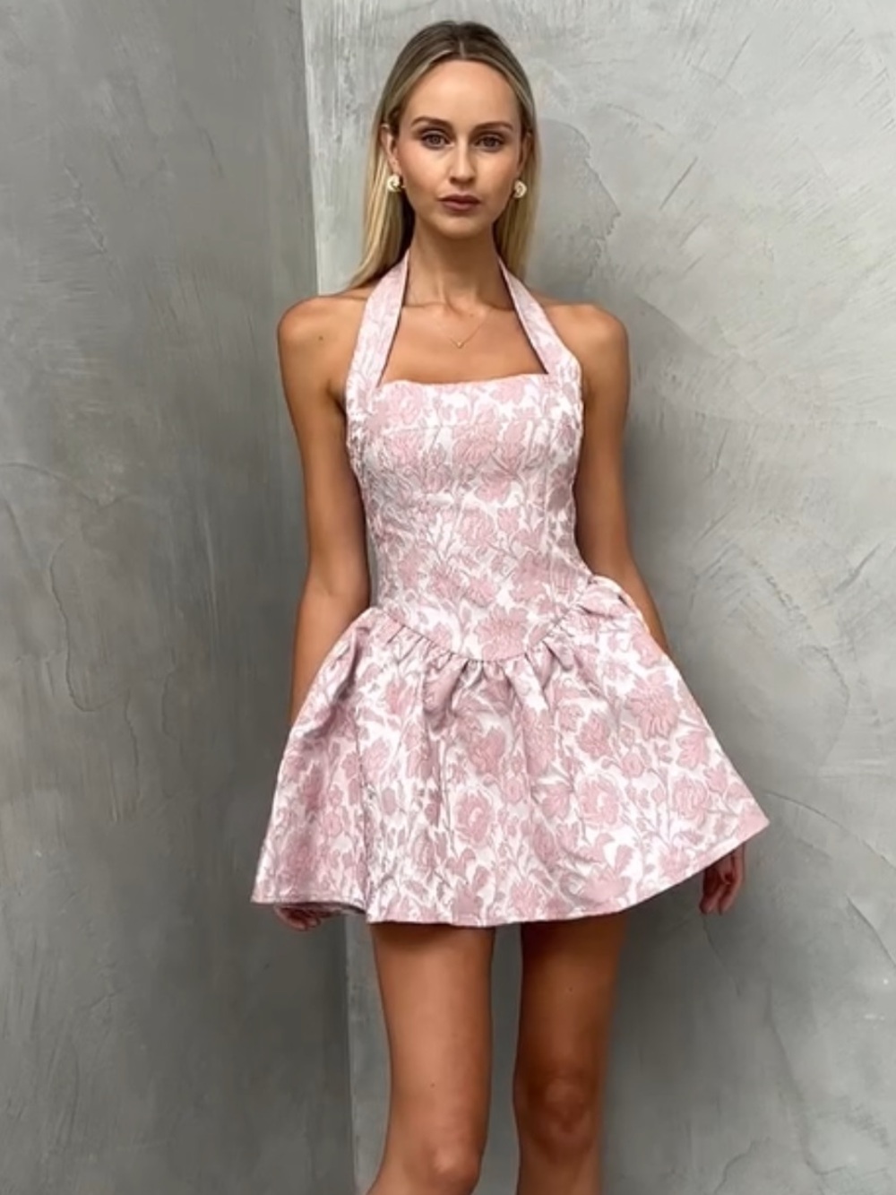 Atoir Winnie Halter Mini Poof Dress in Vintage Pink Jacquard NEW Size US 10